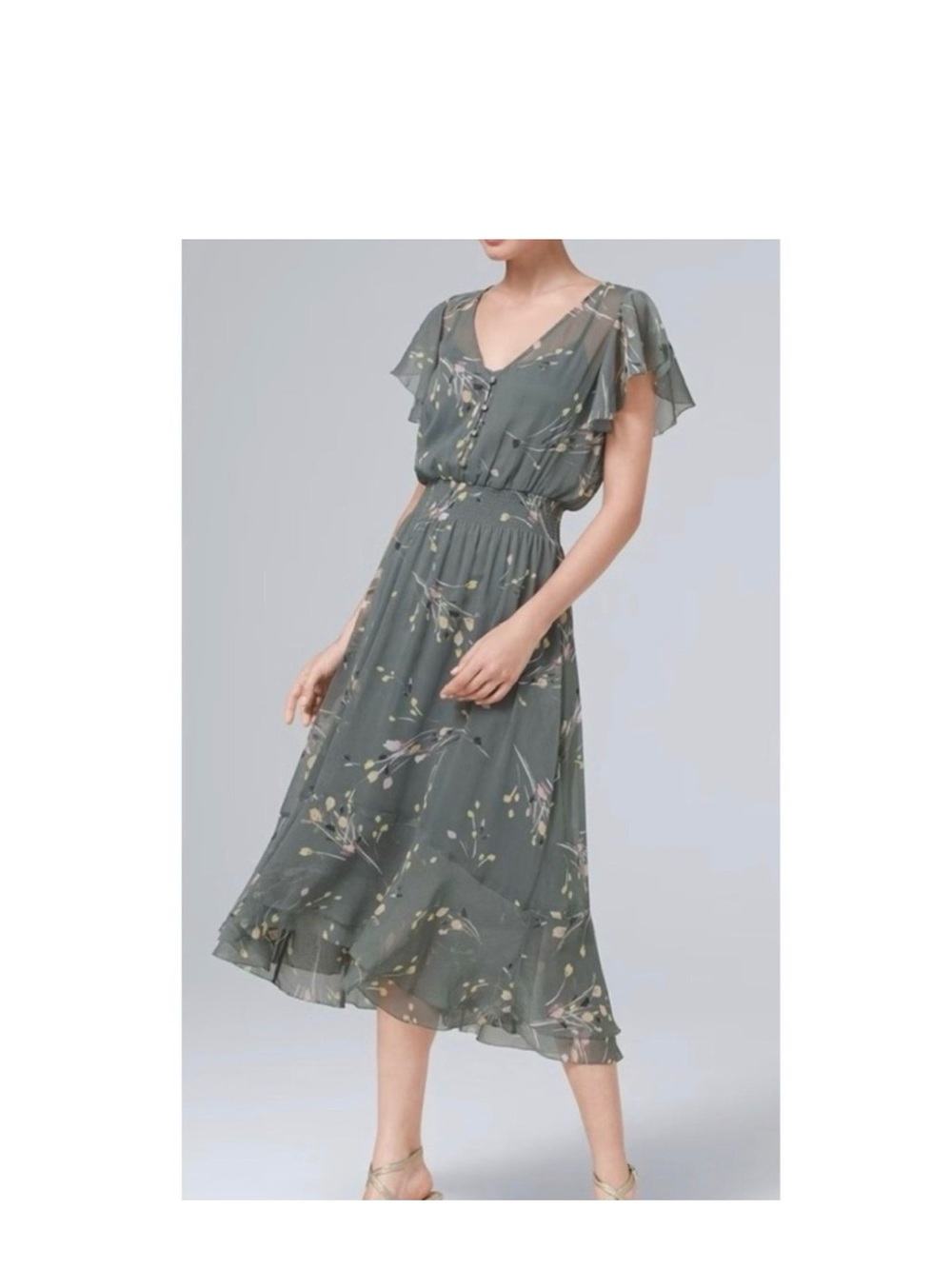 White House Black Market dress Floral V-Neck Flutter Sleeve Midi Dress - Olive